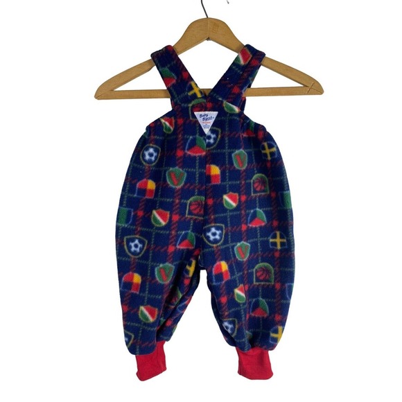 Vtg Oshkosh B'Gosh Baby Fleece Overalls Vestbak 12M Boy Girl USA Sports Print - Picture 2 of 6